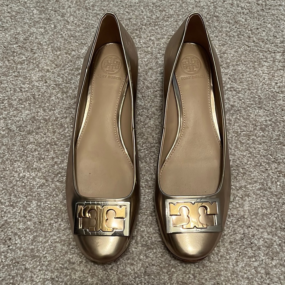 Gold Tory Burch flats with mini heel